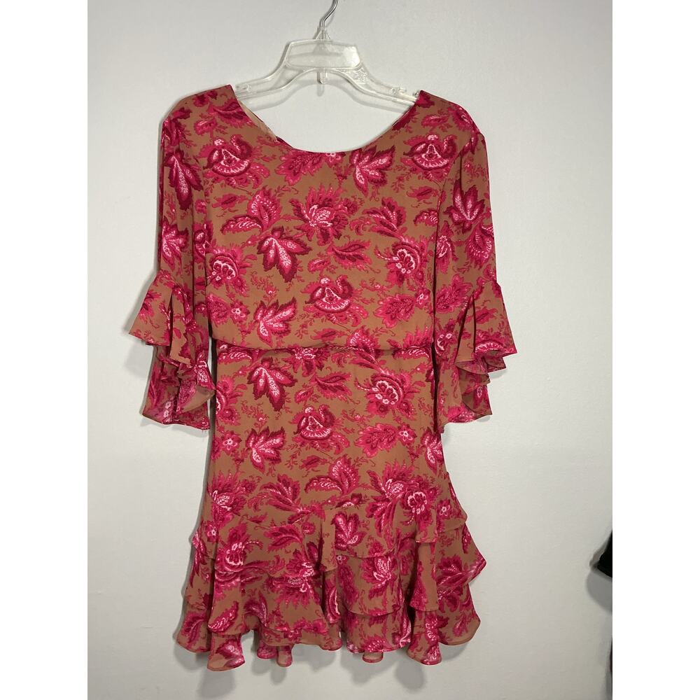 SUNDAE MUSE "Christy" Pink/Tan Floral Crepe Open-Back Ruffle Dress, US 10 EUC